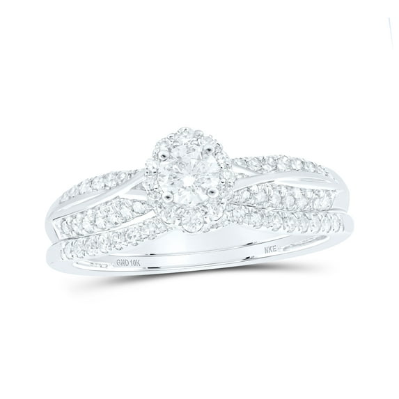 10K White Gold Round Diamond Halo Bridal Wedding Ring Band Set 1/2ctw, Womens Size: 5-10