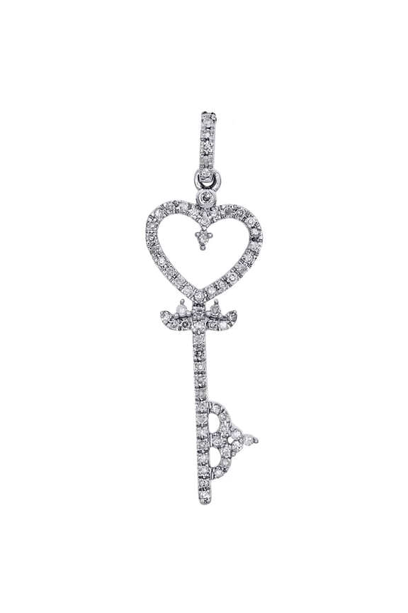 10K White Gold Round Diamond Key Heart Pendant 1.25" Pave Statement Charm 1/5 CT