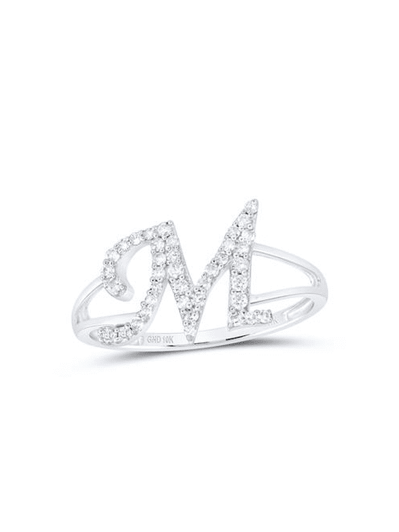 10K White Gold Round Diamond Letter / Initital "M" Splilt Shank Ring 1/5 CT.