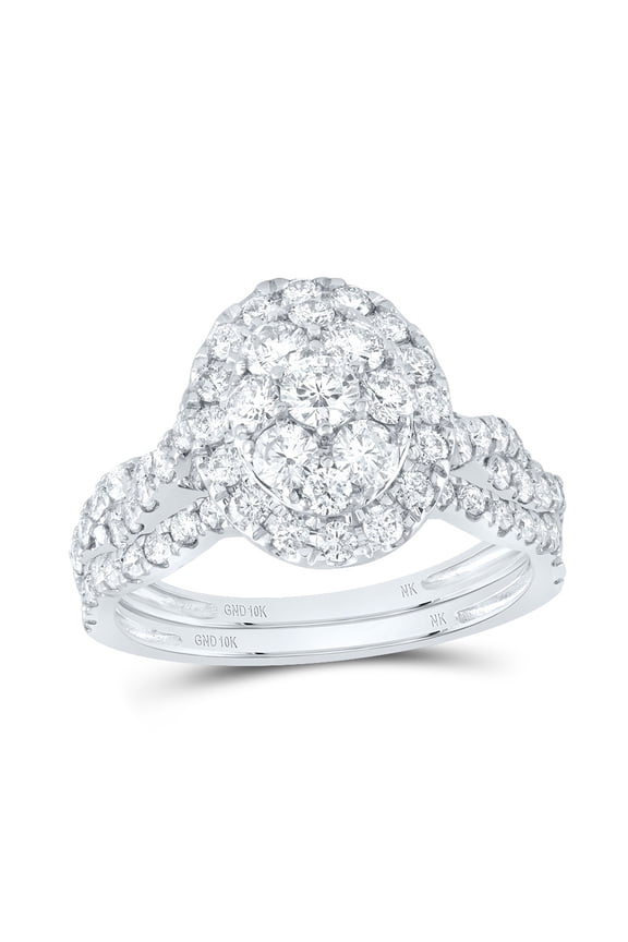 10K White Gold Round Diamond Oval Cluster Bridal Wedding Ring Band Set 1-1/2ctw, Womens Size: 5-10