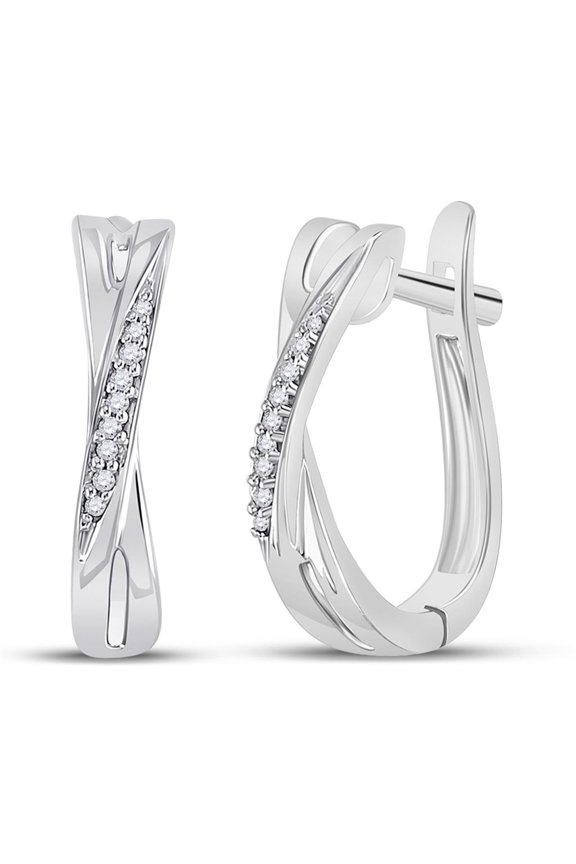 10K White Gold Round Diamond Slender Crossover Hoop Earrings 0.05cttw