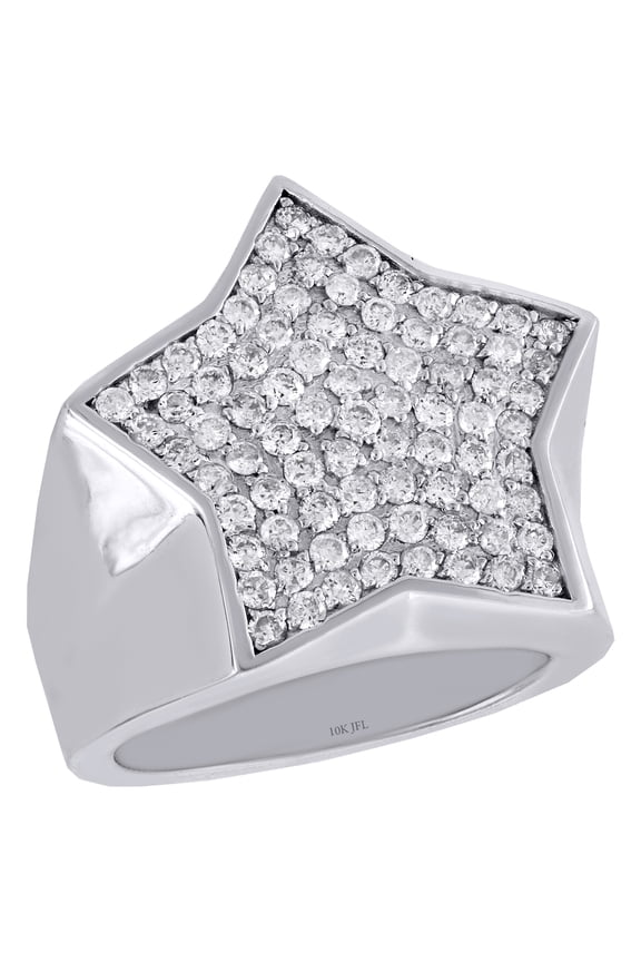10K White Gold Round Diamond Star Shape Frame Pinky Ring 24mm Mens Band 1.70 CT.