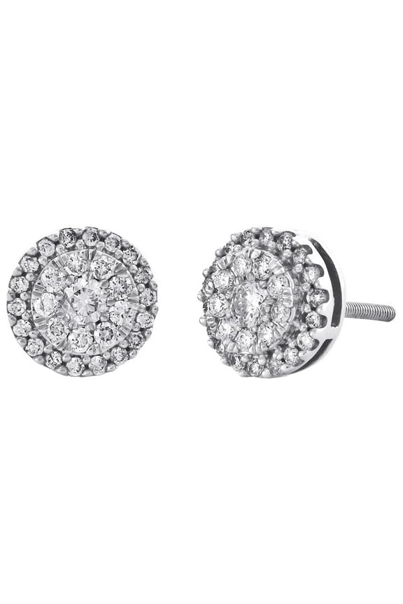 10K White Gold Round Diamond Step Tier Halo Cluster Stud 8.25mm Earrings 1/2 CT.