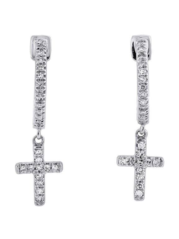 10K White Gold Round Diamond Unisex Mini Cross Dangler Hoop Earrings 0.16 Ct.