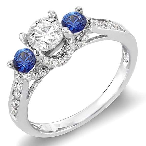 10K White Gold Round White Diamond And Blue Sapphire 3 Stone Ladies Bridal Engagement Ring