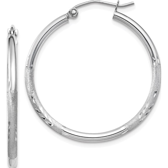 10K White Gold Satin And Diamond-Cut 2Mm Round Hoop Earrings (Width 2) (Length 30) - Jbsp