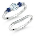 thumbnail image 1 of Gem Stone King 10K White Gold Sky Blue Aquamarine Blue Created Sapphire and White Lab Grown Diamond 5 Stone Bridal Engagement Wedding Ring Set for Women (0.89 Cttw, Round: 5MM and 3MM, Size 8), 1 of 6