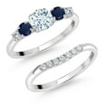 thumbnail image 1 of Gem Stone King 10K White Gold Sky Blue Aquamarine Blue Sapphire and White Lab Grown Diamond 5 Stone Bridal Engagement Wedding Ring Set for Women (0.91 Cttw, Round: 5MM and 3MM, Size 6), 1 of 6