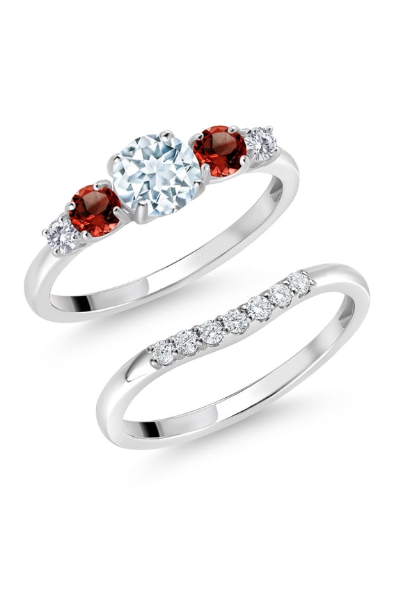 10K White Gold Sky Blue Aquamarine Red Garnet and White Lab Grown Diamond 5 Stone Bridal Engagement Wedding Ring Set for Women (0.91 Cttw, Round: 5MM and 3MM, Size 5)