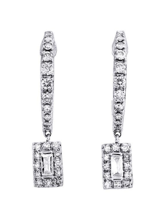 10K White Gold Solitaire Diamond Rectangle Drop Dangler Hoop Earrings 0.33 Ct.