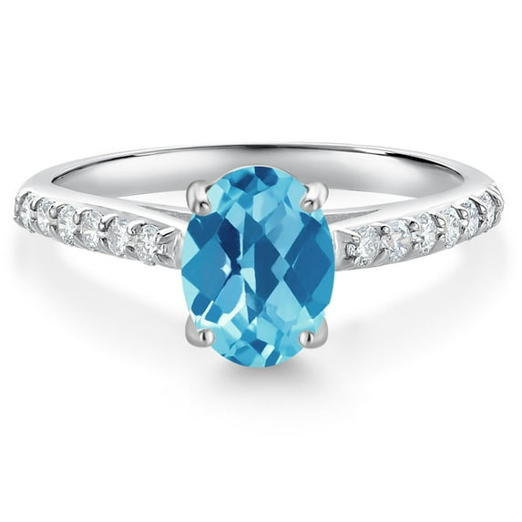 Gem Stone King 10K White Gold Swiss Blue Topaz and White Lab Grown Diamond Engagement Ring for Women (1.48 Cttw, Oval Checkerboard 8X6MM, Gemstone November Birthstone, Size 8)