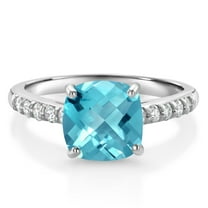 Gem Stone King 10K White Gold Swiss Blue Topaz and White Lab Grown Diamond Engagement Ring for Women (2.95 Cttw, Cushion Checkerboard 8MM, Gemstone November Birthstone, Size 5)