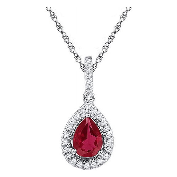 10K White Gold Teardrop Lab Created Ravishing Ruby Sparkling Solitaire Diamond Necklace Pendant 1-7/8 Ctw.