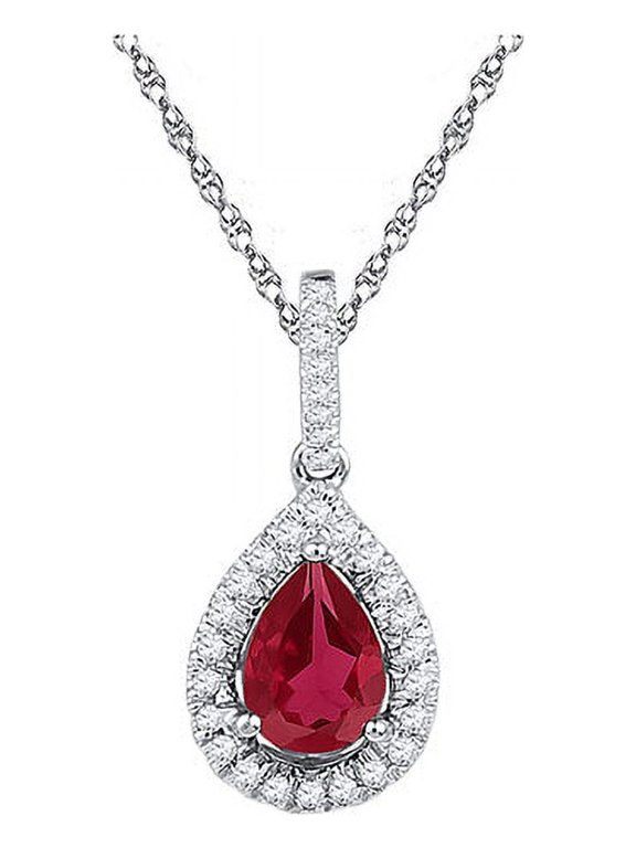 10K White Gold Teardrop Lab Created Ravishing Ruby Sparkling Solitaire Diamond Necklace Pendant 1-7/8 Ctw.