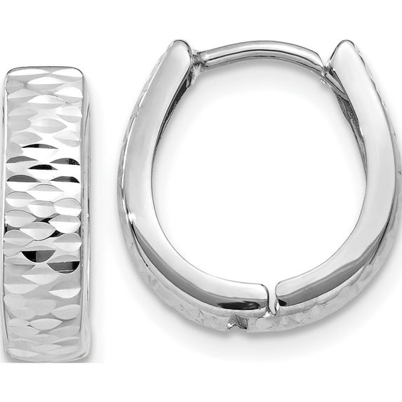 10K White Gold Textured And Polished Hinged Hoop Earrings (Width 3) (Length 12) - Jbsp