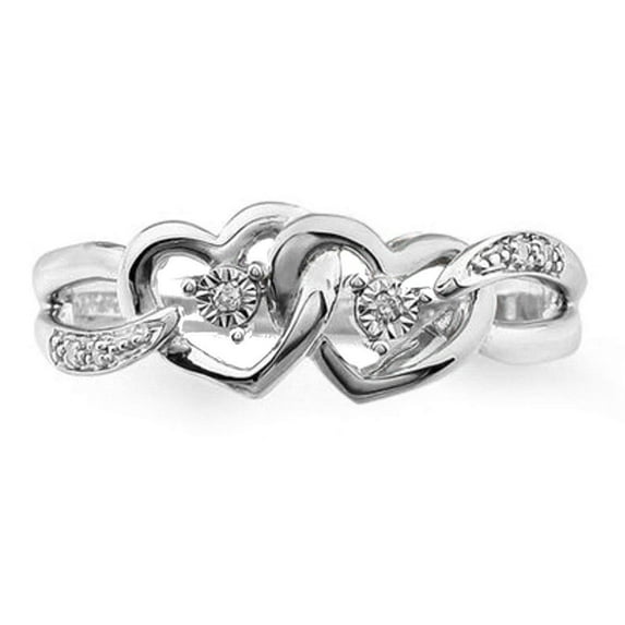 10K White Gold Twin Hearts Ring 0.03ctw Diamond Split Sides Interlocking Heart Promise Engagement Ring