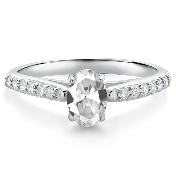 10K White Gold White Created Sapphire and White Lab Grown Diamond Soitaire Engagement Ring for Women (1.18 Cttw, Oval 7X5MM, Gemstone September Birthstone, Available in Size 5, 6, 7, 8, 9)