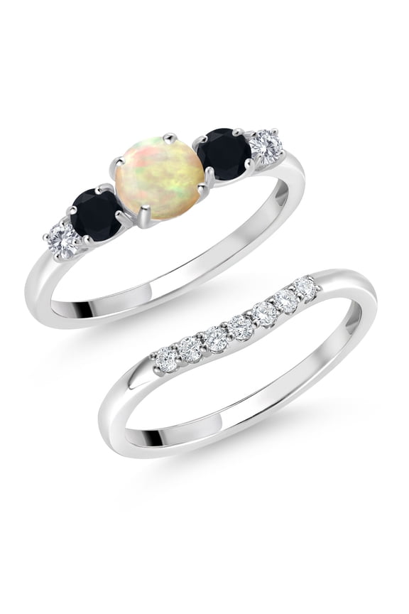 10K White Gold White Ethiopian Opal Black Onyx and White Lab Grown Diamond 5 Stone Bridal Engagement Wedding Ring Set for Women (0.61 Cttw, Round Cabochon: 5MM and 3MM, Size 9)