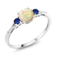 thumbnail image 1 of 10K White Gold White Ethiopian Opal Blue Created Sapphire and White Diamond Accent 3-Stone Engagement Ring for Women (0.70 Cttw, Round Cabochon 6MM, Gemstone October Birthstone, Size 8.5), 1 of 5