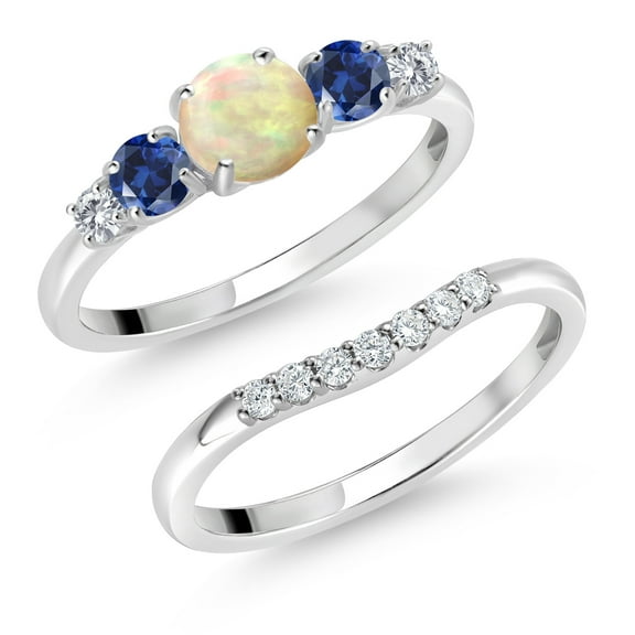 Gem Stone King 10K White Gold White Ethiopian Opal Blue Created Sapphire and White Lab Grown Diamond 5 Stone Bridal Engagement Wedding Ring Set for Women (0.69 Cttw, Round Cabochon, Size 8)