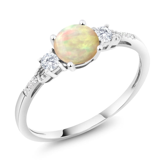 10K White Gold White Ethiopian Opal White Created Sapphire and White Diamond Accent 3-Stone Engagement Ring for Women (0.70 Cttw, Round Cabochon 6MM, Gemstone October Birthstone, Size 8.5)