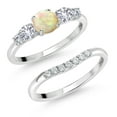 thumbnail image 1 of Gem Stone King 10K White Gold White Ethiopian Opal White Created Sapphire and White Lab Grown Diamond 5 Stone Bridal Engagement Wedding Ring Set for Women (0.67 Cttw, Round Cabochon, Size 7), 1 of 6