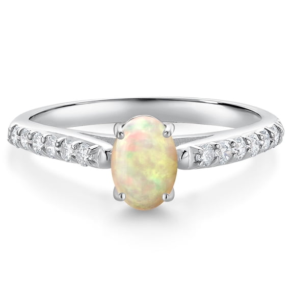 10K White Gold White Ethiopian Opal and White Lab Grown Diamond Soitaire Engagement Ring for Women (0.69 Cttw, Oval Cabochon 7X5MM, Gemstone Birthstone, Available in Size 5, 6, 7, 8, 9)