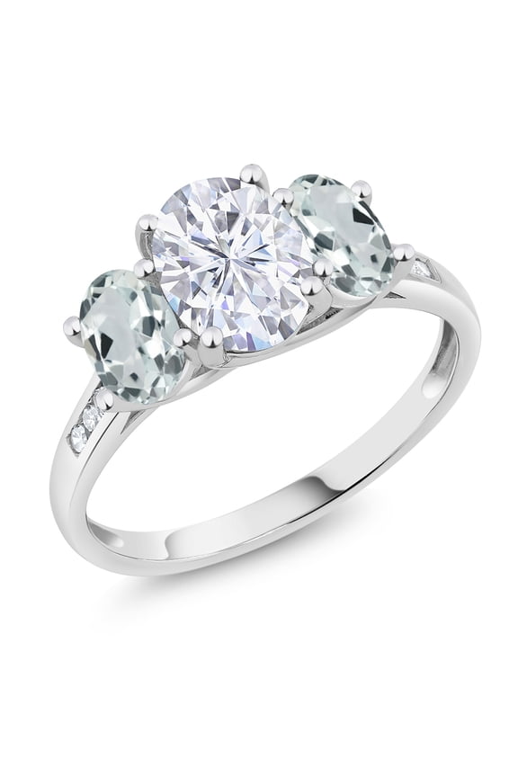 10K White Gold White Moissanite from Charles & Colvard Sky Blue Aquamarine and White Diamond Oval 3-Stone Engagement Ring for Women (2.36 Cttw, Gemstone, Available in Size 5, 6, 7, 8, 9)