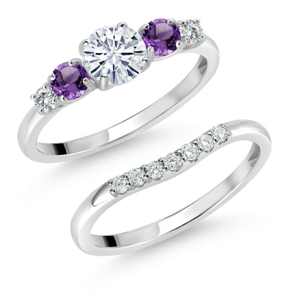 Gem Stone King 10K White Gold White Moissanite Purple Amethyst and White Lab Grown Diamond 5 Stone Bridal Engagement Wedding Ring Set for Women (0.81 Cttw, Round: 5MM and 3MM, Size 8)