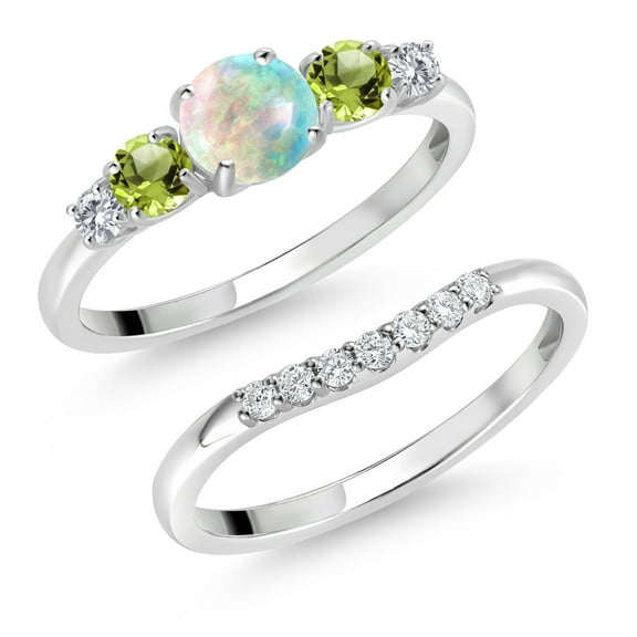 Gem Stone King 10K White Gold White Simulated Opal Green Peridot and White Lab Grown Diamond 5 Stone Bridal Engagement Wedding Ring Set for Women (0.85 Cttw, Round Cabochon: 5MM and 3MM, Size 8)