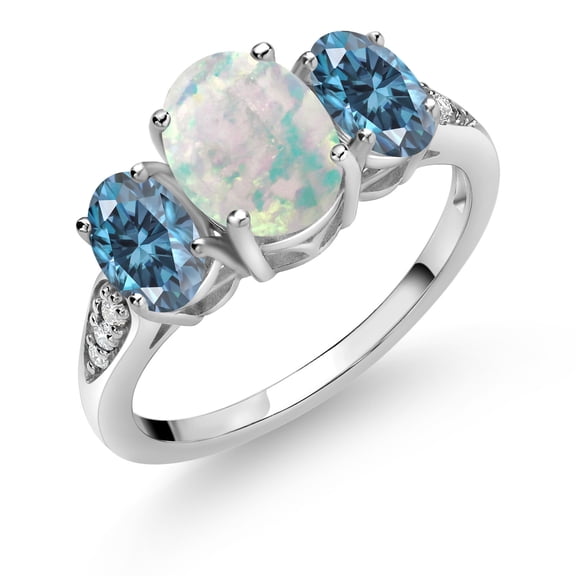 Gem Stone King 10K White Gold White Simulated Opal Persian Blue Moissanite and White Lab Grown Diamond 3 Stone Engagement Ring for Women (1.94 Cttw, Gemstone Birthstone, Size 9)