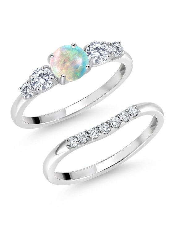 10K White Gold White Simulated Opal and White Lab Grown Diamond 5 Stone Bridal Engagement Wedding Ring Set for Women | 0.81 Cttw | Round Cabochon: 5MM and 3MM | Size 5