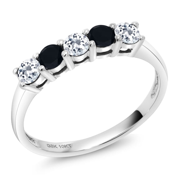 Gem Stone King 10K White Gold White Topaz and Black Onyx 5 Stone Wedding Engagement Anniversary Promise Ring for Women (0.62 Cttw, Round 3MM, Gemstone November Birthstone, Size 5)