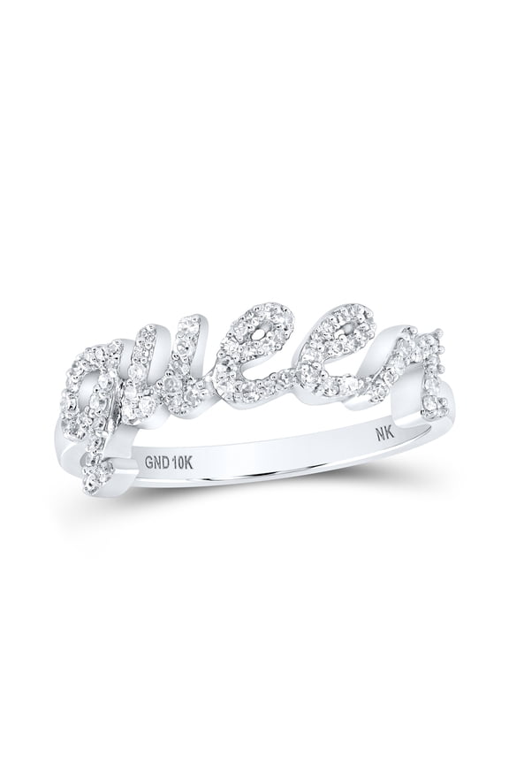 10K White Gold Womens Round Diamond QUEEN Band Ring 1/5 Cttw, Womens Size: 5-10