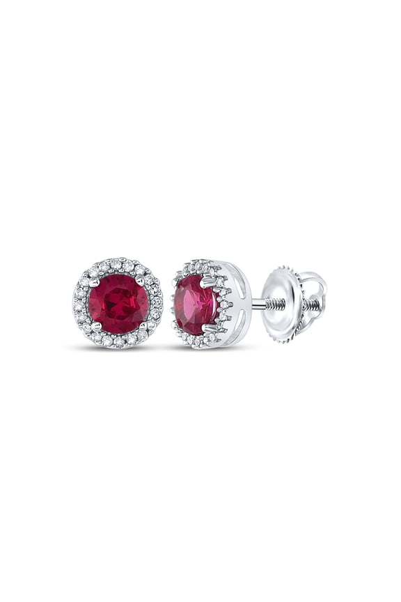 10K White Gold Womens Round Synthetic Ruby Diamond Stud Earrings 1-1/3 Cttw, Length: 0.28 In, Width: 0.28 In