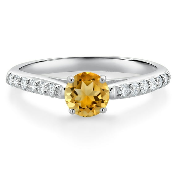 10K White Gold Yellow Citrine and White Lab Grown Diamond Wedding Engagement Solitaire Anniversary Ring (0.91 Cttw, Round 5MM, Gemstone November Birthstone, Available in Size 5, 6, 7, 8, 9)
