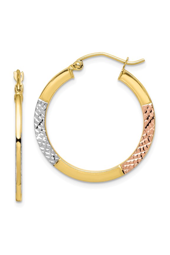 10K White & Rose Rhodium D/C 2.5x25mm Hoop Earrings in 10k Yellow Gold w/ Rhodium Plating