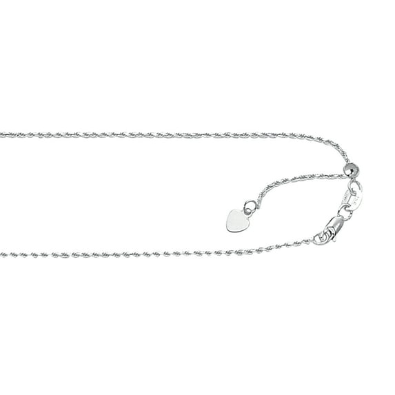 10K White Solid Gold 1mm wide Adjustable Rope Chain 22 Necklace with Lobster Clasp Heart Charm
