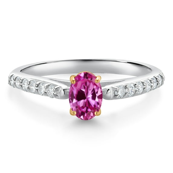Gem Stone King 10K White and Yellow Gold Pink Created Sapphire and White Lab Grown Diamond Engagement Ring for Women (0.68 Cttw, Oval 6X4MM, Gemstone September Birthstone, Size 5)