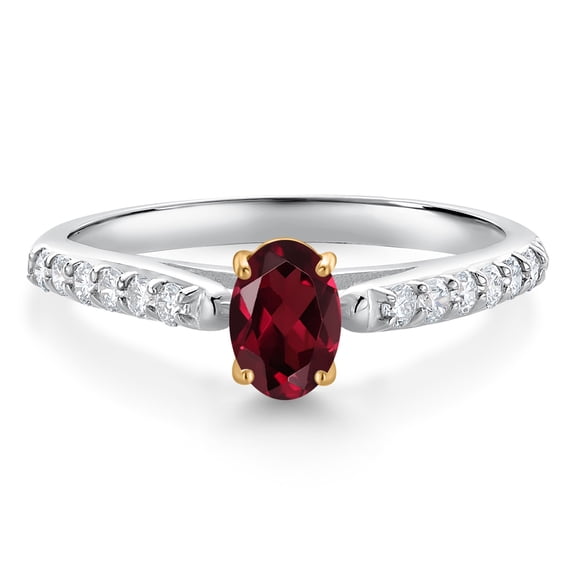 Gem Stone King 10K White and Yellow Gold Red Rhodolite Garnet and White Lab Grown Diamond Engagement Ring for Women (0.68 Cttw, Oval 6X4MM, Gemstone January Birthstone, Size 7)