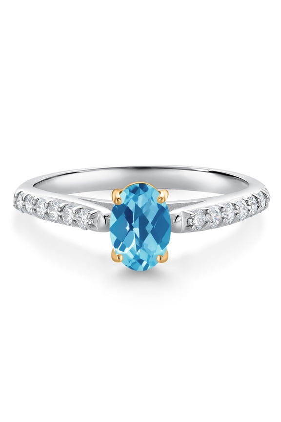 10K White and Yellow Gold Swiss Blue Topaz and White Lab Grown Diamond Engagement Ring for Women (1.18 Cttw, Oval Checkerboard 7X5MM, Gemstone November Birthstone, Size 8)