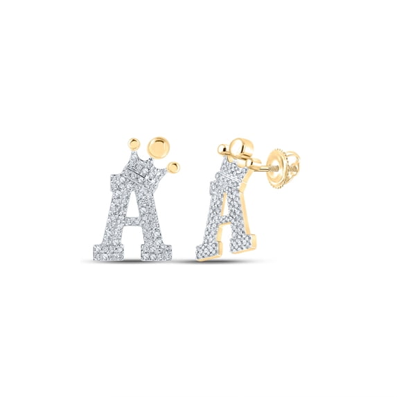 10K YELLOW GOLD ROUND DIAMOND CROWN A LETTER EARRINGS 1/3 CTTW