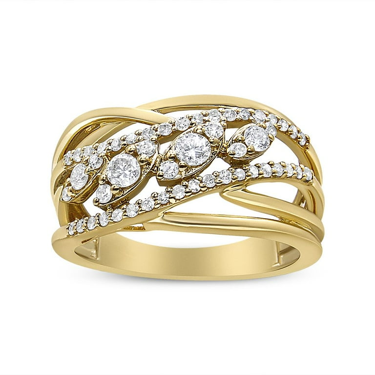 10K Yellow Gold 1 2 Cttw Round Cut Multi Row Diamond Split Shank Cocktail Ring H I Color SI2 I1 Clarity Size 7