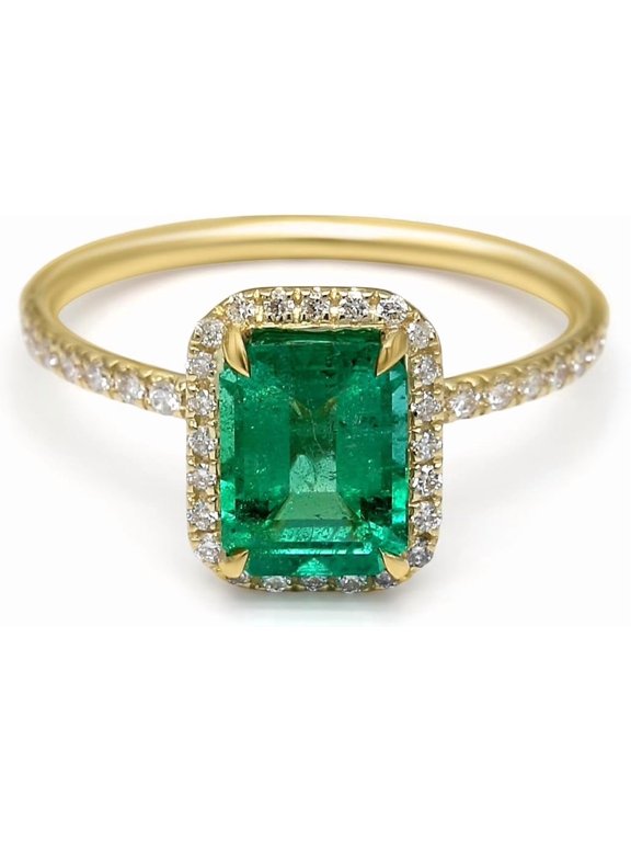 10K Yellow Gold 1.27ct. Emerald Stone (Green Color, Eye Clean Clarity) With 0.24ct. Diamond Side Stones, 1.51 Total Carat Weight Fine Jewelry For Women Gift for Her