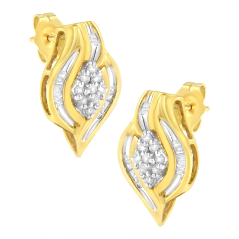 10K Yellow Gold 1/3 cttw Round-Cut Diamond Cluster and Swirl Stud Earrings  (J-K, I2-I3)