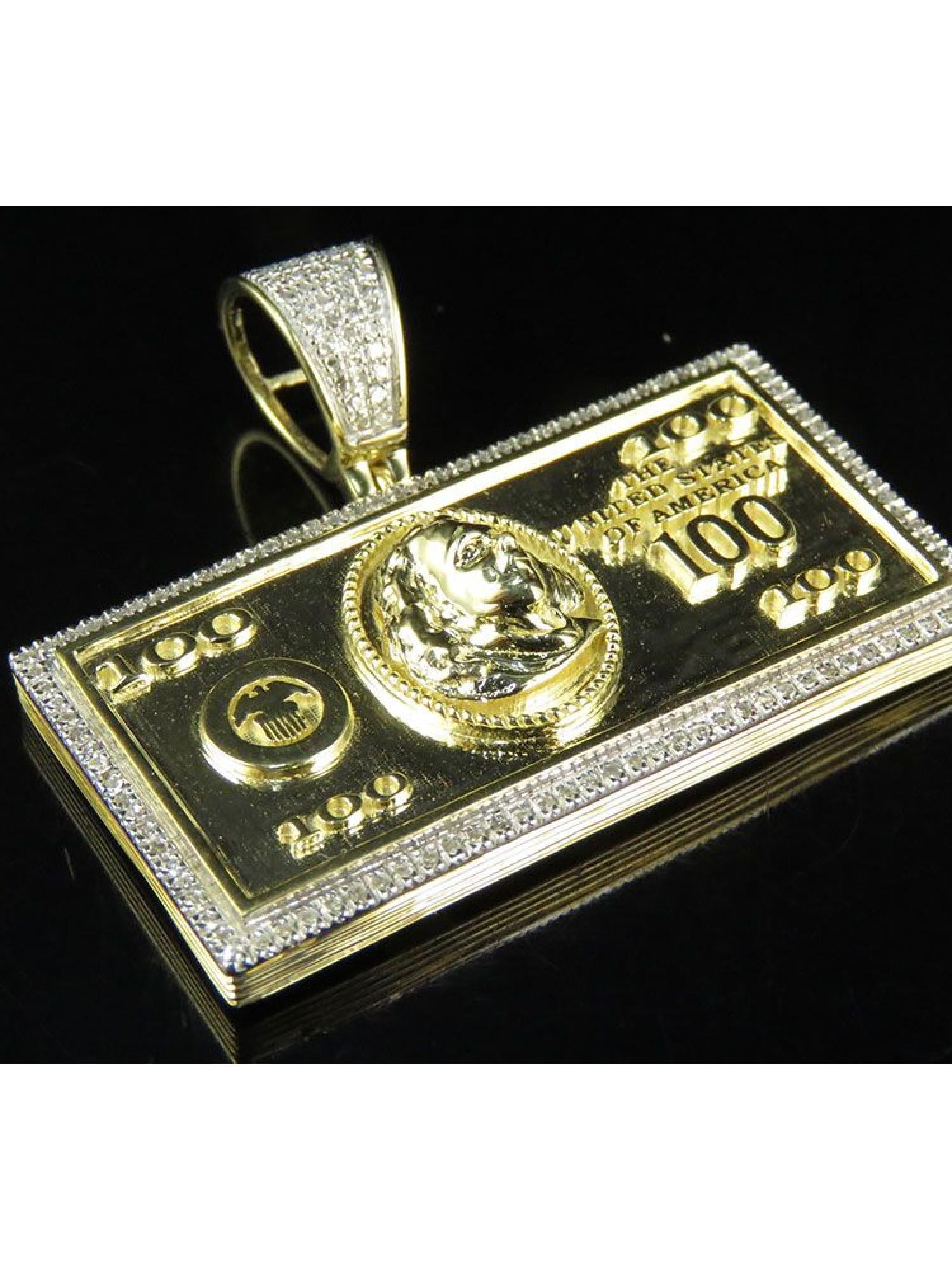 10K Yellow Gold 100 Dollar Bill Diamond Pendant 0.50 CT 1.25 