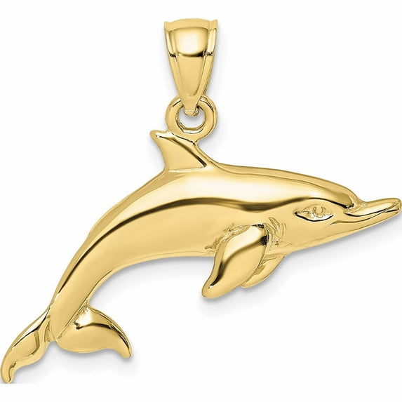 10K Yellow Gold 2-D And Polished Swimming Dolphin Charm (16.6 X 29.7) Made In United States -Jewelry By Sweet Pea