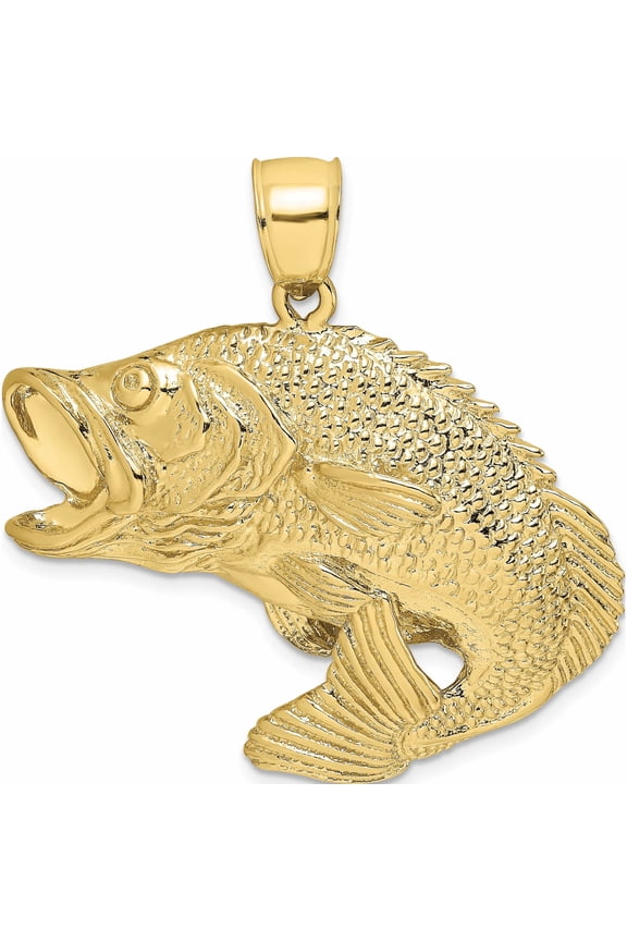 10K Yellow Gold Large 2-D Bass Fish Jumping Charm
