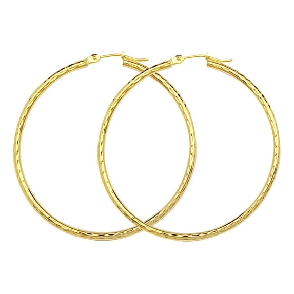 10K Yellow Gold 2 mm Diamond Cut Hoop Earrings 1.2" Diameter