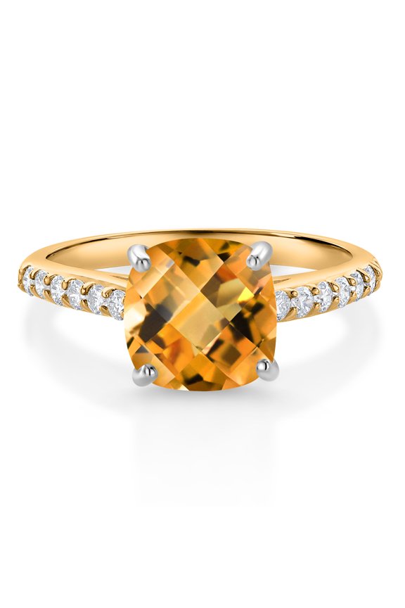 10K Yellow Gold 8MM Cushion Checkerboard Cut Yellow Citrine and White Lab Grown Diamond Engagement Ring for Women (2.18 Cttw, Gemstone November Birthstone, Size 5)
